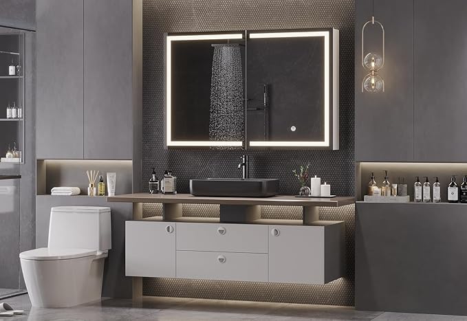 DICTAC Medicine Cabinet with Mirror and LED Light, Wall Mounted Bathroom Mirror with Storage, 3 Doors Bathroom Wall Cabinet, Memory Dimmable 3 Color Temp, Adjustable Shelves, 35.4''x23.6''