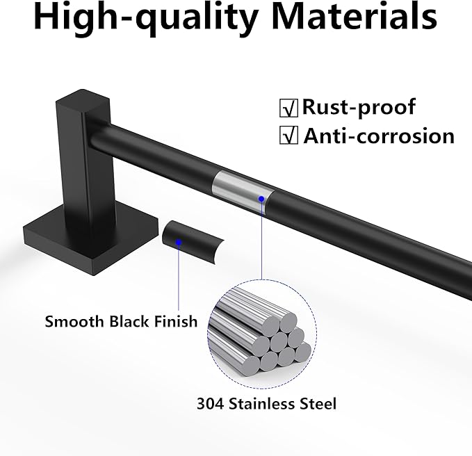Towel Bar, Adjustable 12.7inch to 23.2inch Wall Mounted Towel Rack for Bathroom, Kitchen, SUS 304 Stainless Steel Towel Rod with Square Base (Matte Black)