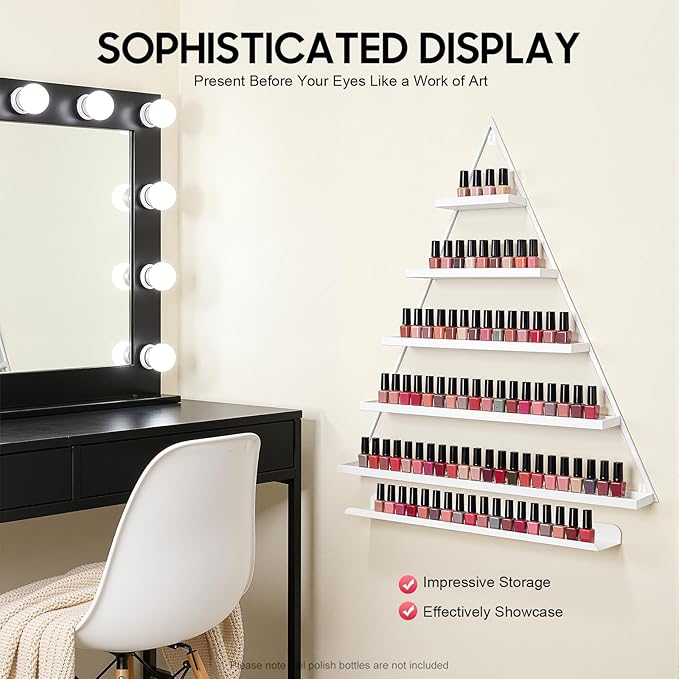 Elegant Gold Wall Mounted Nail Polish Rack - Set of 6 Triangular Cosmetic Display Shelves for Essential Oil Bottles, Organize Your Lipsticks and Perfumes in Style at Home or Salon (White)