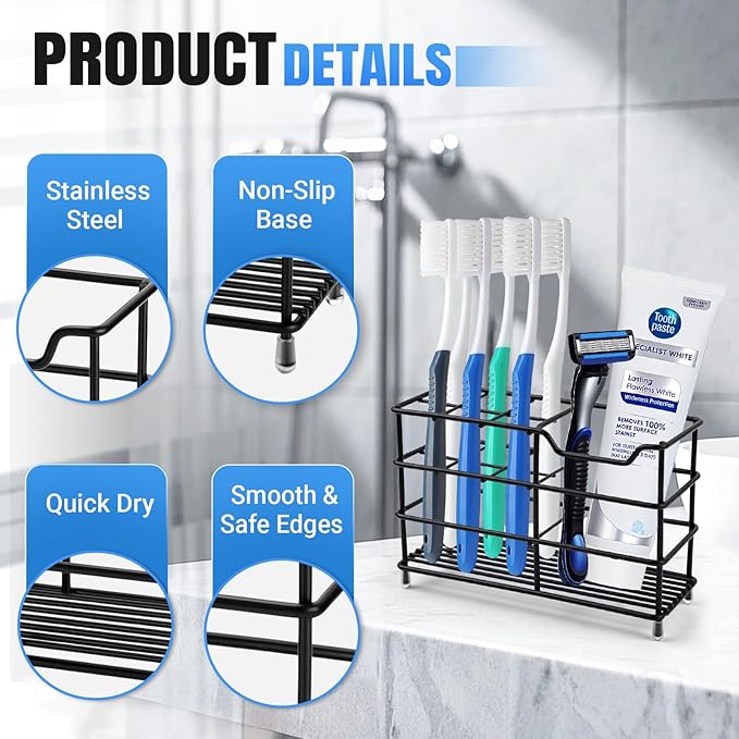 Toothbrush Holders for Bathrooms, Stainless Steel Toothbrush Holder for Kids and Adults, Electric Toothbrush and Toothpaste Holder, Rustproof Bathroom Accessories Organizer, Black Large