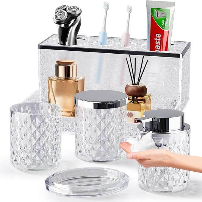 Glass Bathroom Accessories Set 5Pcs Crystal - Foaming Soap Dispenser, Soap Dish, Cup, Acrylic Toothbrush Holder with Tray Organizer, Qtip Jar, Bathroom Counter Set Sink Decor (Clear)