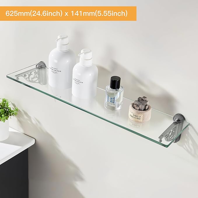 khtumeware 24 Inches Glass Shelves for Bathroom, Antique Silver Floating Glass Shelf Zinc Tempered Glass Bathroom Shelves for Wall Mount Modern