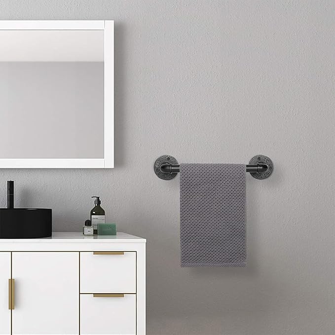 Industrial Pipe Towel Rack Towel Bar, Heavy Duty Wall Mounted Rustic Farmhouse Bath Towel Holder for Bathroom (Black, 12 inch)