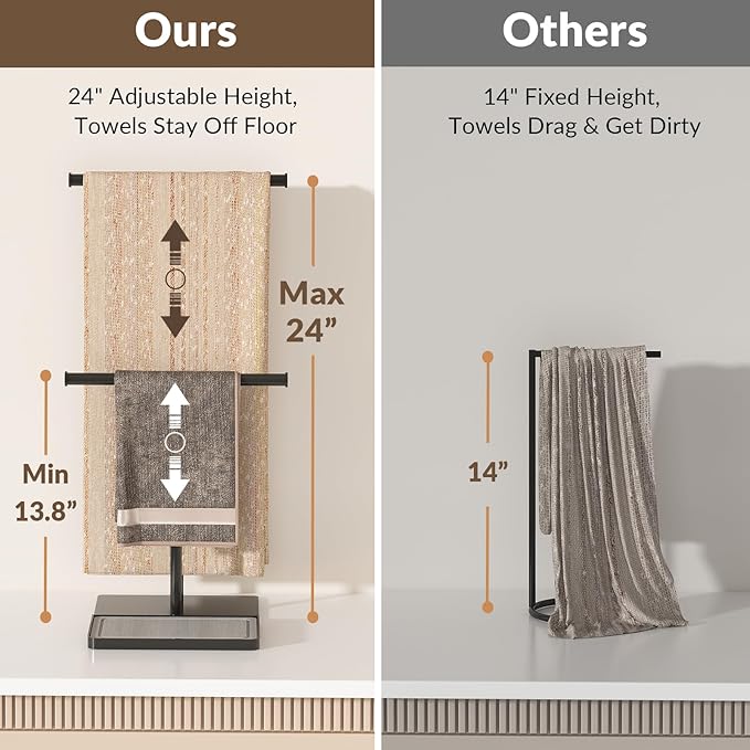 NADAMOO Towel Holder Stand, Adjustable Height 13.8"-24" Freestanding Double Bar Towel Rack with Stone Drying Tray, Wide Weighted Base, Rustproof Black Metal, for Bathroom, Kitchen Countertop