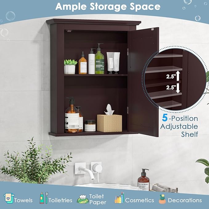 COSTWAY Bathroom Medicine Cabinet with Mirror, Wall-Mounted Storage Cabinet Organizer with 5-Position Adjustable Shelf, Hanging Bathroom Wall Cabinet for Living Room Bedroom Entryway (Brown)