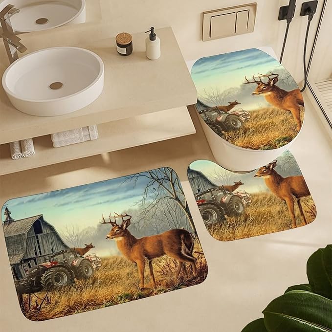 Vintage Deer Western Country Shower Curtain Sets with Rugs 4 Piece Accessories Bathroom Curtains Shower Set Include Shower Curtain Non-Slip Rug Toilet Lid Cover Bath Mat One Size