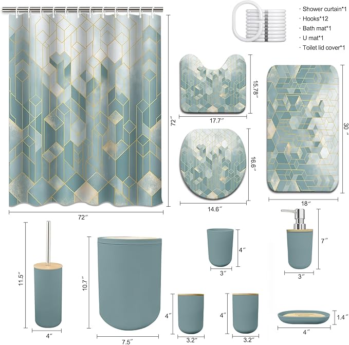 Lnond Blue Green Bathroom Set, Blue Green Abstract Cubes Bathroom Accessories Sets Complete, Luxury Restroom Set with Shower Curtain and Rugs, Trash Can, Toilet Brush Holder Set & Soap Dispenser