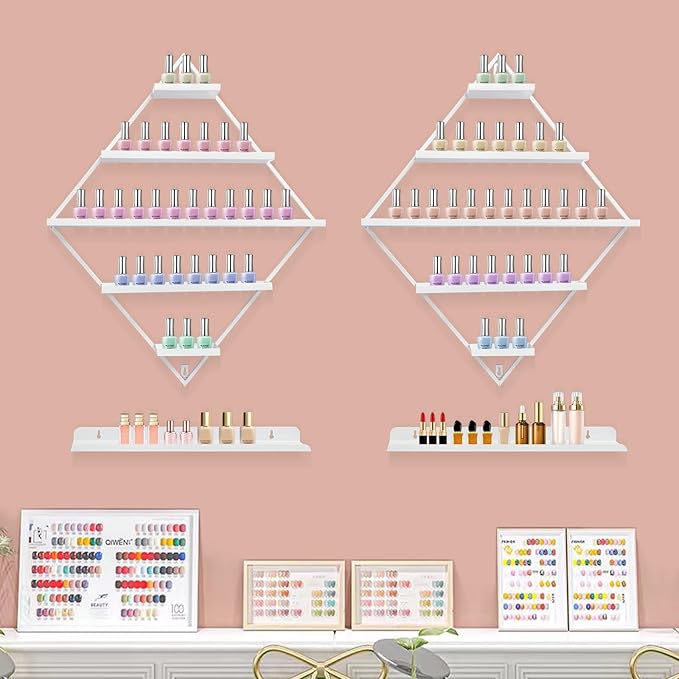 Wall-Mounted Nail Polish Rack, Set of 4 Rhombus White Nail Polish Shelf Lipstick Perfume Cosmetic Display Shelf for Home Spa Nail Salon Shop