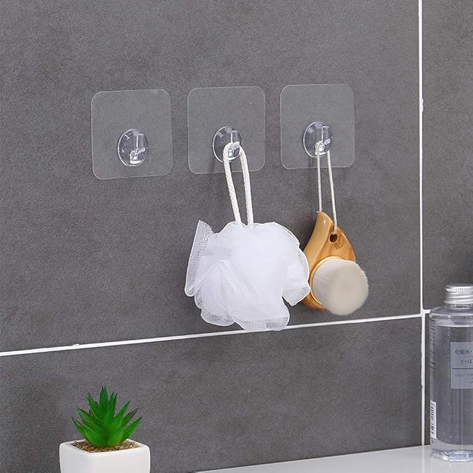 LAIGOO 12 Pack Adhesive Wall Hooks, Clear Self Adhesive Hooks Transparent Sticky Towel Hook Wall Hangers for Office/Kitchen/Bathroom/Shower Hanging/Coat/Picture
