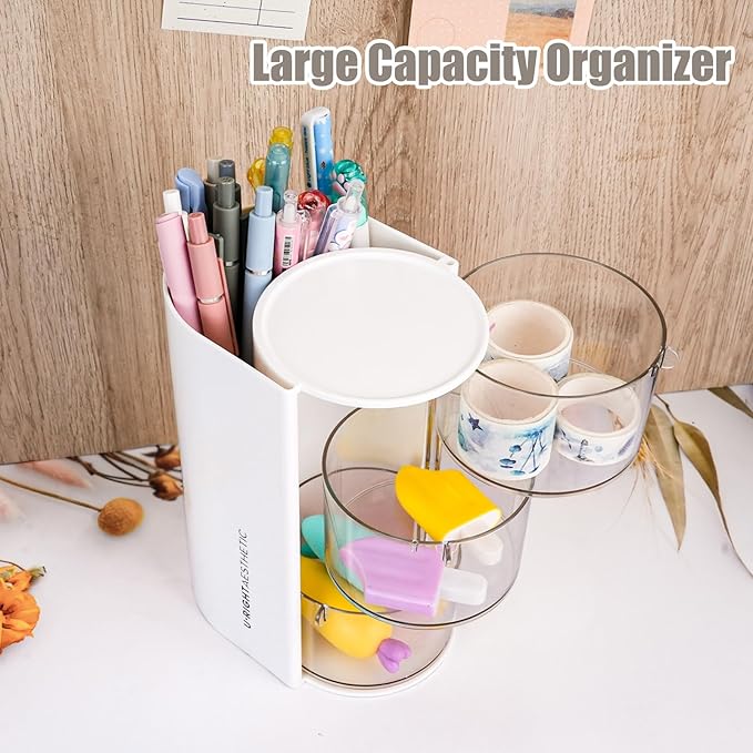 WCHOSOZH 3-Tier Clear Hair Accessories Organizer with Hair Brushes Holder, Rotatable Drawer Makeup Sponge Holder Desktop Organizer Case for Makeup Brush Lipsticks Q-tip Cotton Swab Stationery (White)