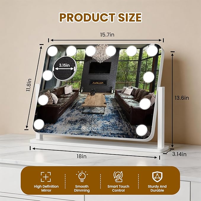 Vanity Mirror with Lights, 18"×14" Hollywood Makeup Mirror with 12 Dimmable Bulbs, 3-Color Lighting, Dimmable, 360° Rotation, 10x Magnification, Desk Mirror, Bedroom (White)