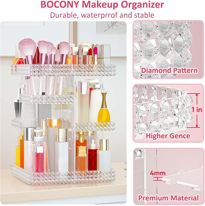 Rotating Makeup Organizer, Large Capacity Cosmetic Display Case, Acrylic Skincare Organizer with Makeup Brush, Makeup Storage Organizer for Dresser Countertop and Bathroom Vanity - Clear