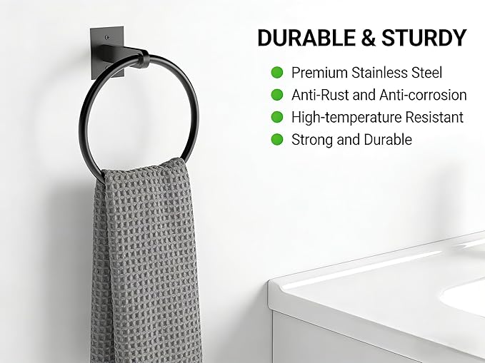 Bathroom Hand Towel Holder, Matte Black Towel Ring Hanger, Stainless Steel Towel Rings for Bathroom Wall Mount, Heavy Duty Towel Hanger for Bath, Kitchen