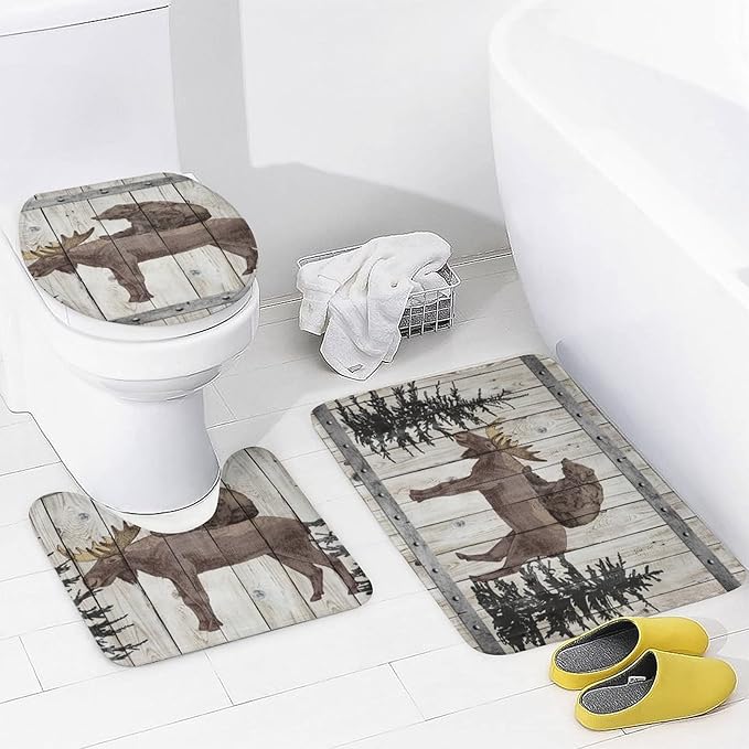 Funny Wildlife Bear Riding Moose Shower Curtain Sets with Rugs 4 Piece Accessories Bathroom Curtains Shower Set Include Shower Curtain Non-Slip Rug Toilet Lid Cover Bath Mat One Size
