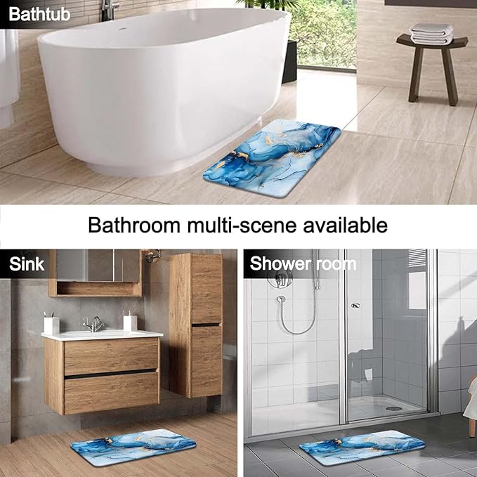 Lnond 4Pcs Bathroom Sets with Shower Curtain and Rugs, Marble Bathroom Shower Curtain Sets, Blue Gold Modern Art Bathroom Sets with Rugs and Accessories