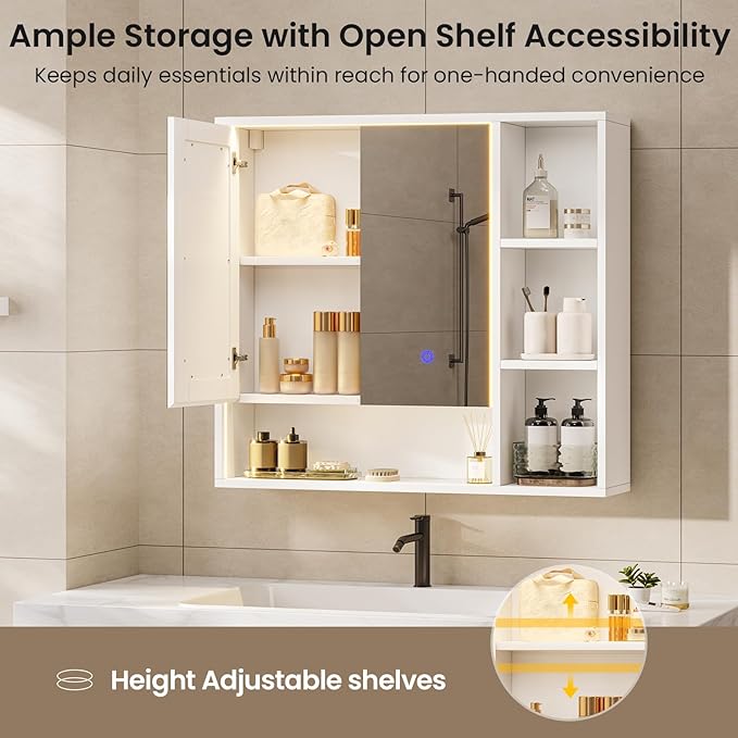 Hasuit Lighted Medicine Cabinet with Mirror and Shelves, Modern Bathroom Medicine Cabinet with Open Storage, Aluminum Channel LED Lights, 31.5'' x 30.7'', White