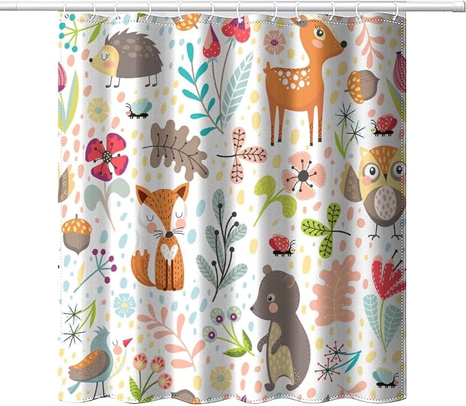 Kids Baby Woodland Shower Curtain Animals Cartoon Girls Children's Cute Cartoon Funny Colorful Weeds Plants Fox Waterproof Fabric Bathroom Decor 66x72 Inches(168x183cm), Style-13