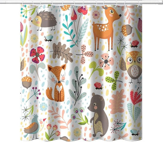Kids Baby Woodland Shower Curtain Animals Cartoon Girls Children's Cute Cartoon Funny Colorful Weeds Plants Fox Waterproof Fabric Bathroom Decor 66x72 Inches(168x183cm), Style-13