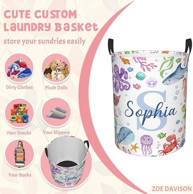 Custom Sea Animal Laundry Baskets, Personalized Ocean Themed Gifts with Customized Name, Collapsible Laundry Hamper for Kids Adults Home Decoration,16.5 X 13.8in