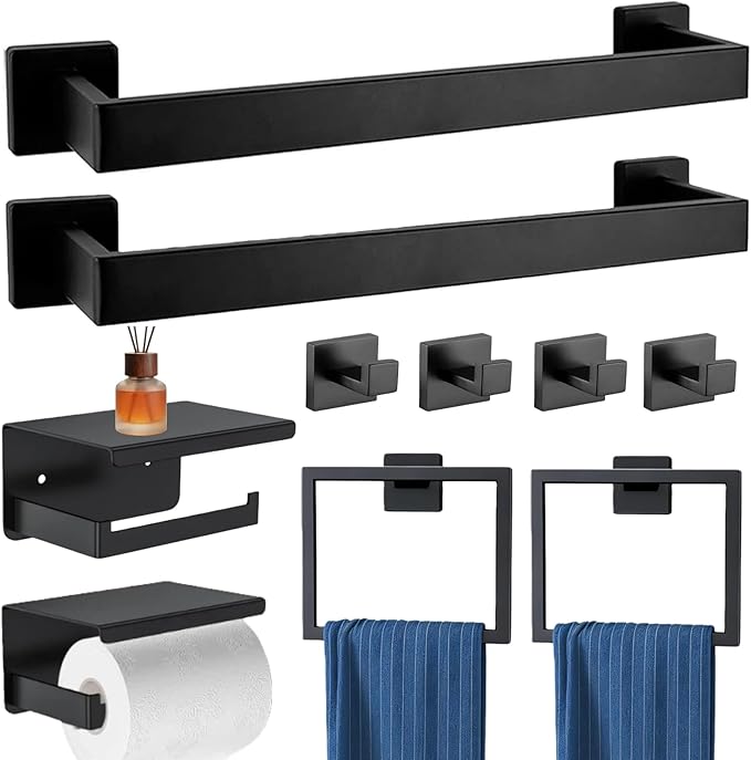 10Pcs Matte Black Bathroom Hardware Set, 24 Inch Towel Holder Accessories, Towel Rack Wall Mounted, Stainless Steel Square Hand Bar for Bathroom Shower Bath Kitchen Wall Mounted