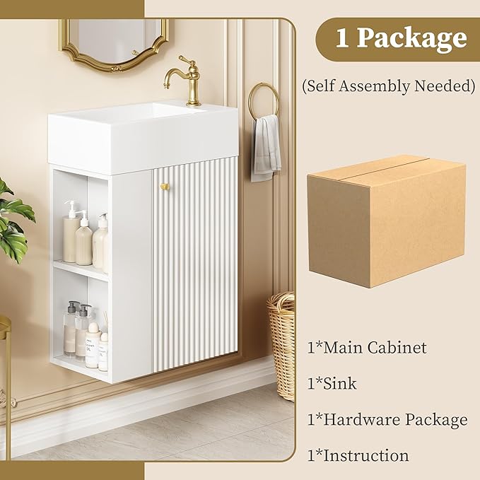 Virubi 18.5" Floating Bathroom Vanity with Sink, Soft Closing Doors, Wood Modern Single Small Bathroom Vanity Cabinet with Open Shelf, Wall Mounted (White, Left Shelves)