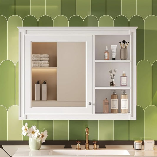 Merax Bathroom Medicine Cabinet with Mirror, 36" x 28" Wall Mounted Medicine Cabinet with Single Door and Shelves, Over The Toilet Mirrored Bathroom Storage Wall Cabinet