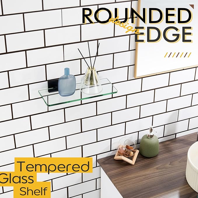 KOKOSIRI Glass Shelf Floating Bathroom Shelves 12-Inch Tempered Glass Rack for Shower Storage Wall Mount, 2 Pack Black Stainless Steel B1107BK-L12-P2