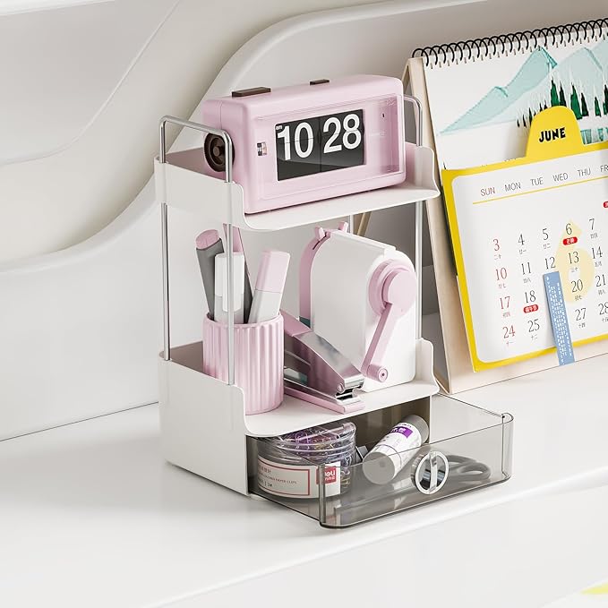 Small Makeup Vanity Organizer with Drawer, 2-Tier Bathroom Countertop Organizer with Metal Support, 7.8"x5.9" Compact Perfume Organizer for Dresser, Skincare & Lotion Storage, White