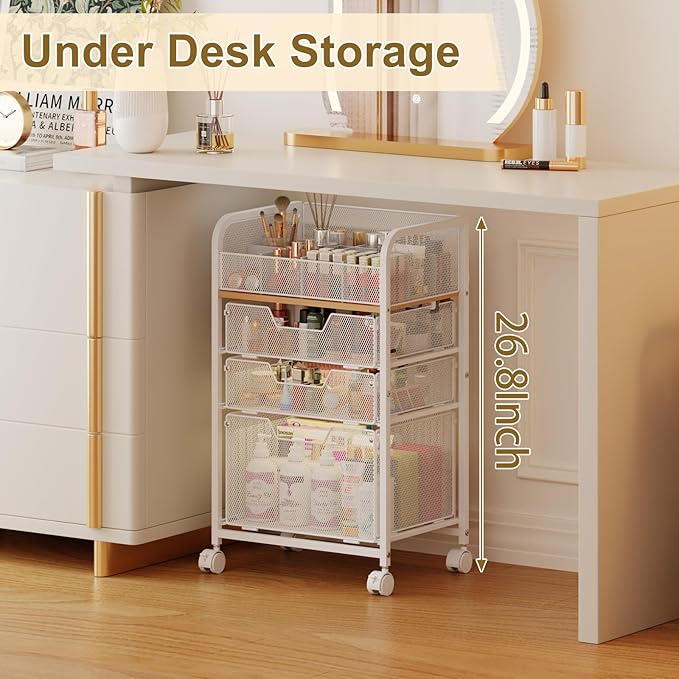 Makeup Cart Organizer with 3 Drawers, Under Desk Storage Drawers,Floor Skincare & Makeup Organizer, Vanity Storage for Cosmetics, Nail Polish, Perfume, Makeup Brushes, Hair Tools, White