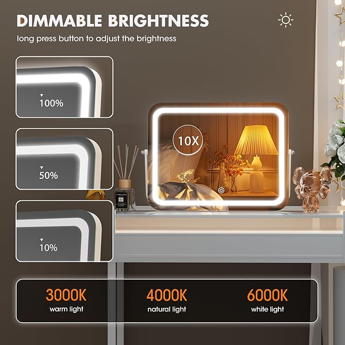 Hasipu Vanity Mirror with Lights, 18" x 14" LED Makeup Mirror, 3 Modes Light, Smart Touch Control Dimmable, 360°Rotation, Rectangle White Frame, with 5X Magnifying Glass