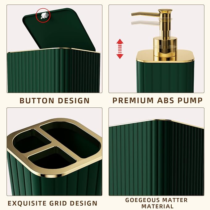 XLHOMO Bathroom Accessory Set - 26PC Bathroom Shower Curtain and Rug Set, Bathroom Accessories Set, Green Bathroom Set with Trash Can, Toilet Brush, Qtip Holder & Soap Dispenser