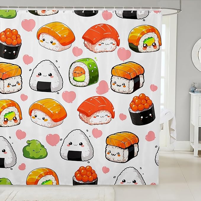 Feelyou Kids Cute Sushi Shower Curtain Boys Girls Japanese Style Kawaii Decor Bathroom Curtain for Lovely Sushi Pink Heart Bath Curtain Cartoon Waterproof Fabric Curtain Stalls Bathtubs Decor 72"x78"
