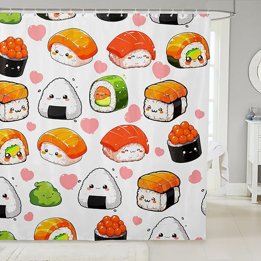 Feelyou Kids Cute Sushi Shower Curtain Boys Girls Japanese Style Bathroom Curtain Kawaii Decor for Stalls Bathtubs 72" x 84" (Pack of 1), Waterproof, Machine Washable