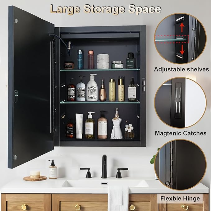 LED Lighted Medicine Cabinet with Mirror, Recessed or Wall Mounted Bathroom Mirror with Storage, Anti-Fog, 3-Color Dimming, Adjustable Shelves, Black Metal Frame - 16x24 inch