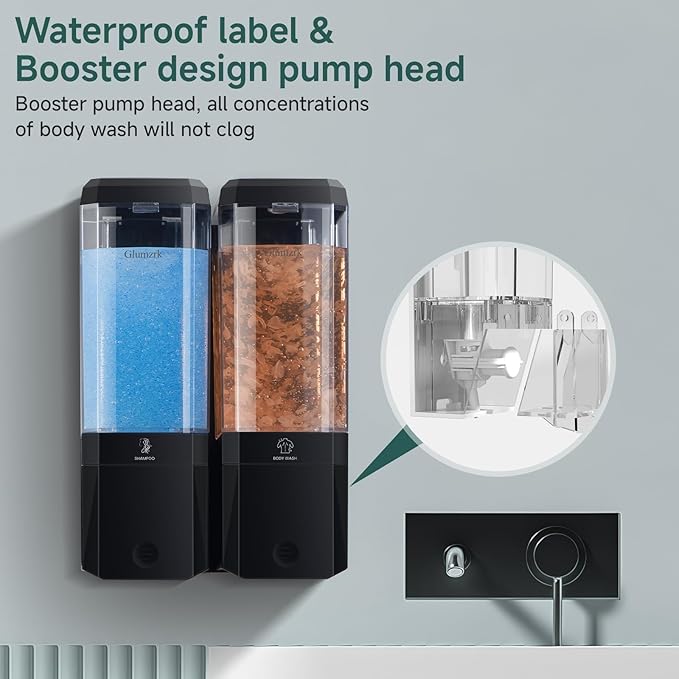 Shampoo and Conditioner Dispenser 2 Chamber No Drill Shampoo Dispenser for Shower Wall Mounted Shower Soap Dispenser 2 * 500ml Refillable Shower Dispenser for Bathroom Hotel(Black 2 Chamber)