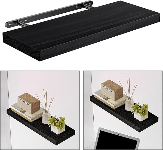 Shelf Rustic with Invisible Bracket,Wood Wall Shelf for Bathroom Farmhouse, Black