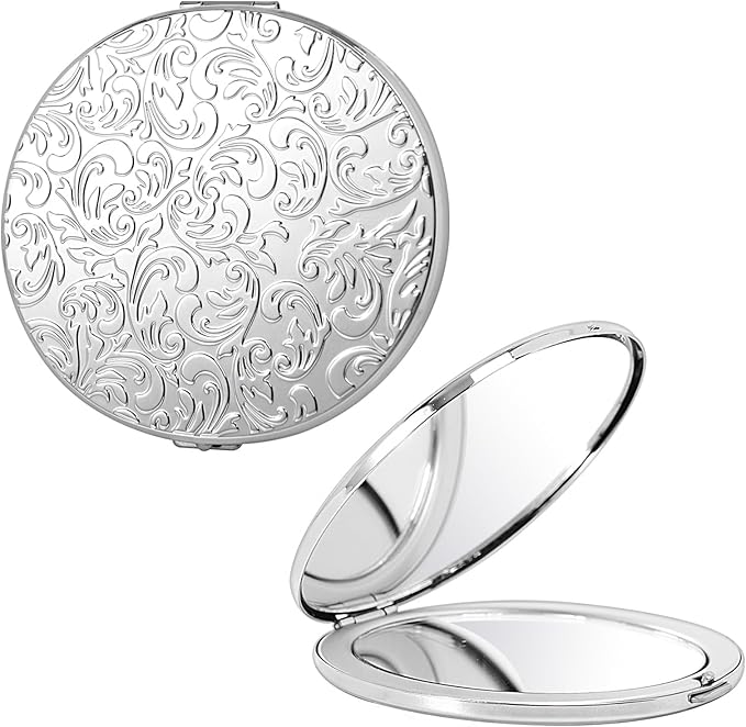 Oval Mini Portable Metal Folding Mirror, Beautiful and Elegant, Sturdy and Durable, 1X/2X Magnifier. (Oval Pattern Silver)