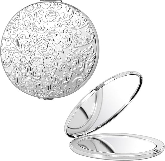 Oval Mini Portable Metal Folding Mirror, Beautiful and Elegant, Sturdy and Durable, 1X/2X Magnifier. (Oval Pattern Silver)