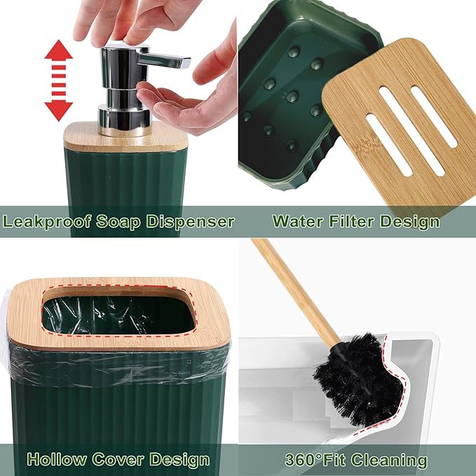 XLHOMO Dark Green Bathroom Accessories Set, 9-Piece Green Bathroom Set with Trash Can, Tray, Soap Dispenser, Toothbrush Holder, Toothbrush Cup, Soap Dish, Toilet Brush and Q-tip Holders