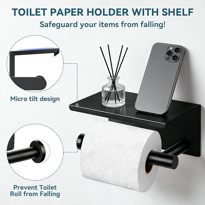 5-Piece Matte Black Bathroom Accessories Set, 24-Inch Wall-Mounted Towel Bar, Toilet Paper Holder with Shelf, SUS 304 Stainless Steel Bath Hardware, Towel Rack for Bathroom, Kitchen, Laundry Room