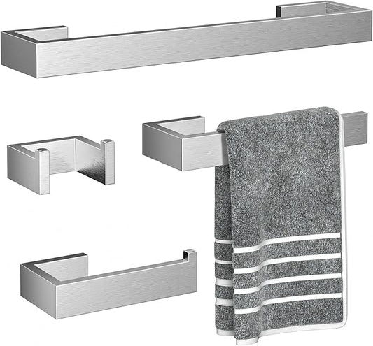 4 Pcs SUS304 Stainless Steel Bathroom Accessories Set, 24" Towel Bar, Towel Holder, Toilet Paper Holder, Robe Hook, Minimalist Design for All Styles Bathrooms (Brushed Nickel)