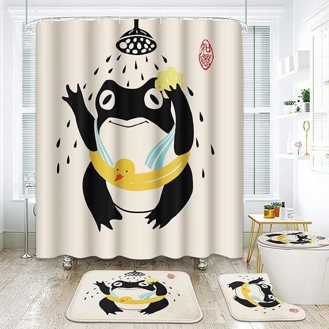 ArtSocket Funny Frog Bathroom Set with Shower Curtain and Rugs and Accessories, Asian Style Traditional Japanese Art Rubber Duck Cute Animal Retro Beige Shower Curtain for Bathroom Decor 4 Pcs