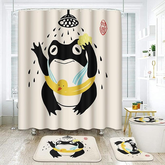 ArtSocket Funny Frog Bathroom Set with Shower Curtain and Rugs and Accessories, Asian Style Traditional Japanese Art Rubber Duck Cute Animal Retro Beige Shower Curtain for Bathroom Decor 4 Pcs