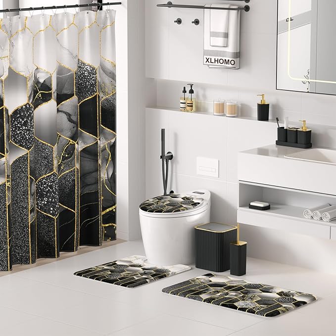 XLHOMO Bathroom Set - 26PC Bathroom Set with Shower Curtain and Rugs, Bathroom Accessory Set, Black Bathroom Accessories Set, Trash Can & Soap Dispenser