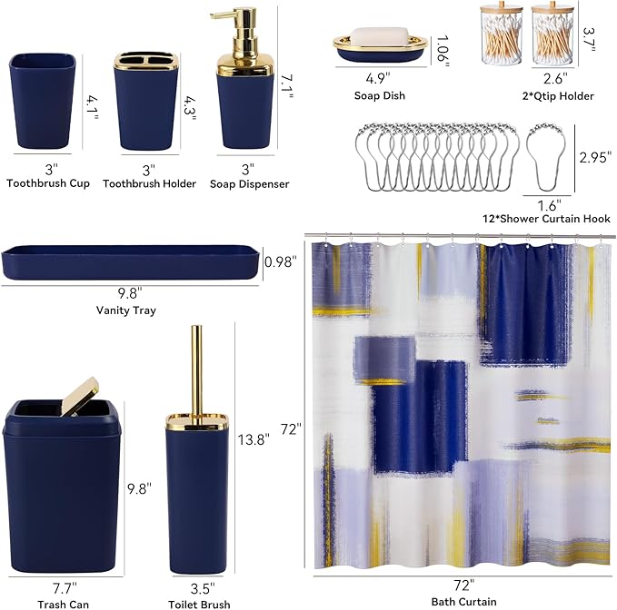 XLHOMO Blue and Gold Bathroom Accessories Set, Bathroom Sets with Shower Curtain, Blue Bathroom Accessories with Trash Can, Soap Dispenser, Soap Dish, Toilet Brush Holder, Qtip Holders for Bathroom