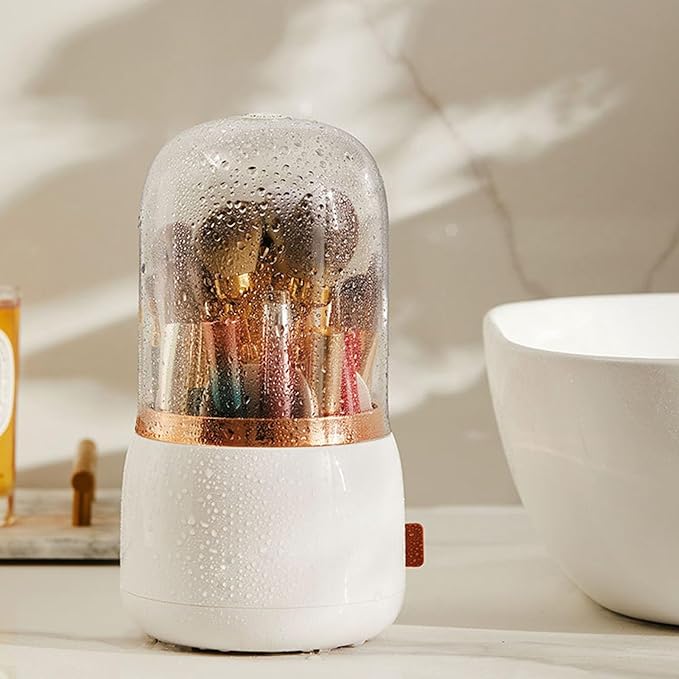 Makeup Brush Holder, Makeup Brush Organizer Makeup Brush Holder Organizer with Lid 360?? Rotating Makeup Storage for Home (White)