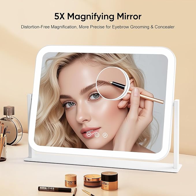 Vanity Mirror with LED Lights, 16.4x12.2 Inch Makeup Mirror, 3-Color Dimmable Touch Screen, 5X Magnification, 360° Rotation, Large Tabletop Mirror for Bedroom Vanity