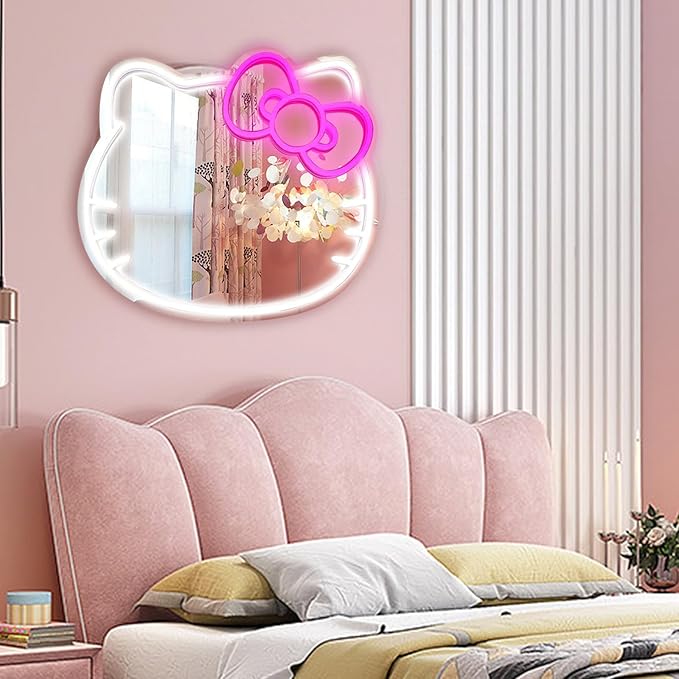 MCJSGSP Anime Hello Kit Cat Neon Sign Mirror 12 * 9.5 inch Vanity Mirror with Lights Bedroom Wall Mirror for Pink Room Decor and a Makeup Mirror with Lights Teen Girl Gifts
