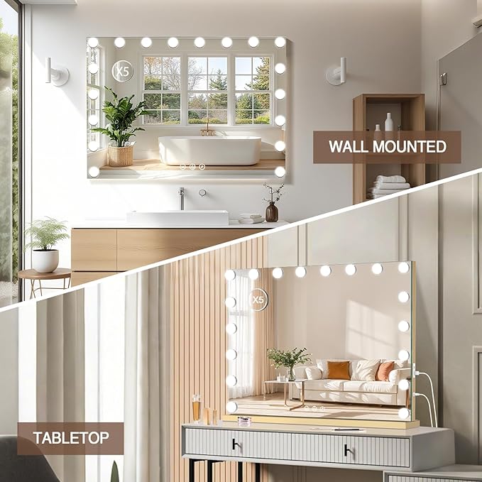 halumao Vanity Mirror with Lights, 31.5" x 23.6" Large Makeup Mirror with LED Lights, Smart Touch Dimmable 3-Color Light, Memory Function, USB Charging Port Gold