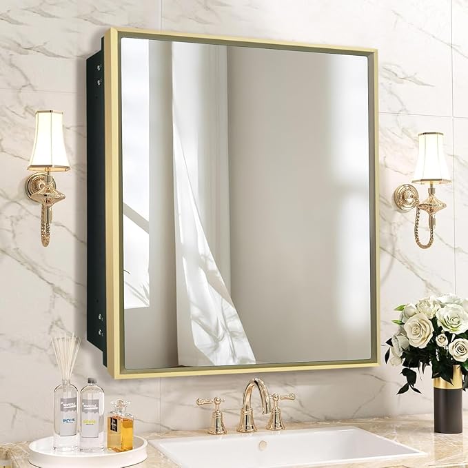 Medicine Cabinet with Mirror Recessed or Surface Mount Farmhouse Style Single Door Mirror Cabinet Square Bathroom Storage, Brushed Gold, 24x24 Inch